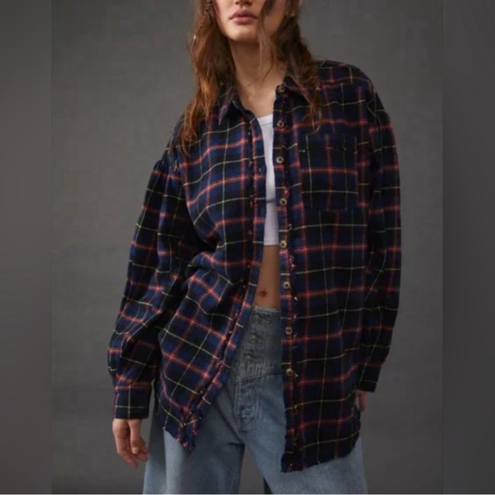 Free People Happy Hour Plaid Button Down Navy Combo Cotton Oversized Size L
